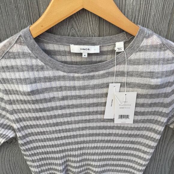 Vince Stripe Rib Cashmere Sweater  GREY/OFF WHITE - Picture 5 of 9